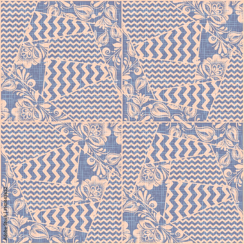 Patchwork fabric textile seamless pattern vector. Chevron elements and russian traditional decoration in hohloma style on burlap texture. Zigzag and khokhloma decor on grunge canvas background Patchwork fabric textile seamless pattern vector. Chevron elements and russian traditional decoration in hohloma style on burlap texture. Zigzag and khokhloma decor on grunge canvas background