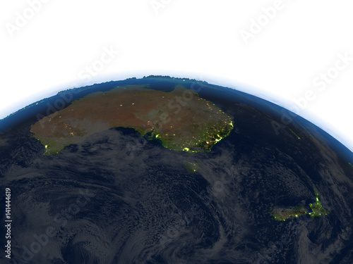 Australia and New Zealand at night on planet Earth
