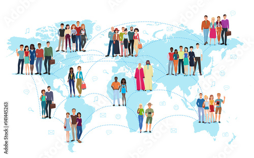 The people connected with lines standing on a world map vector illustration. Social media and social network concept.