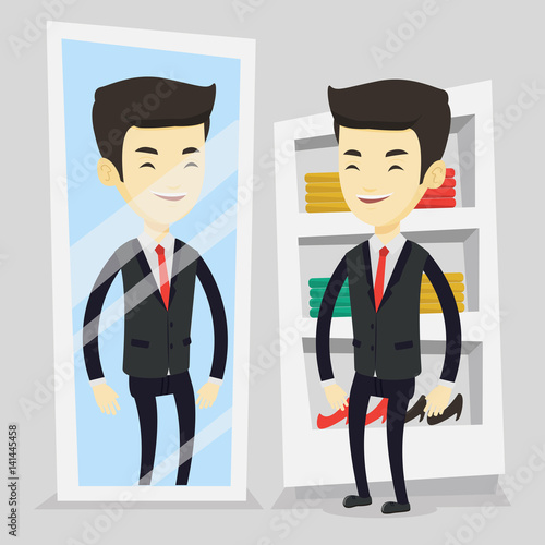 Man trying on clothes in dressing room.