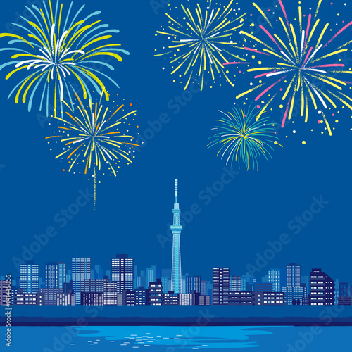 東京スカイツリーと花火