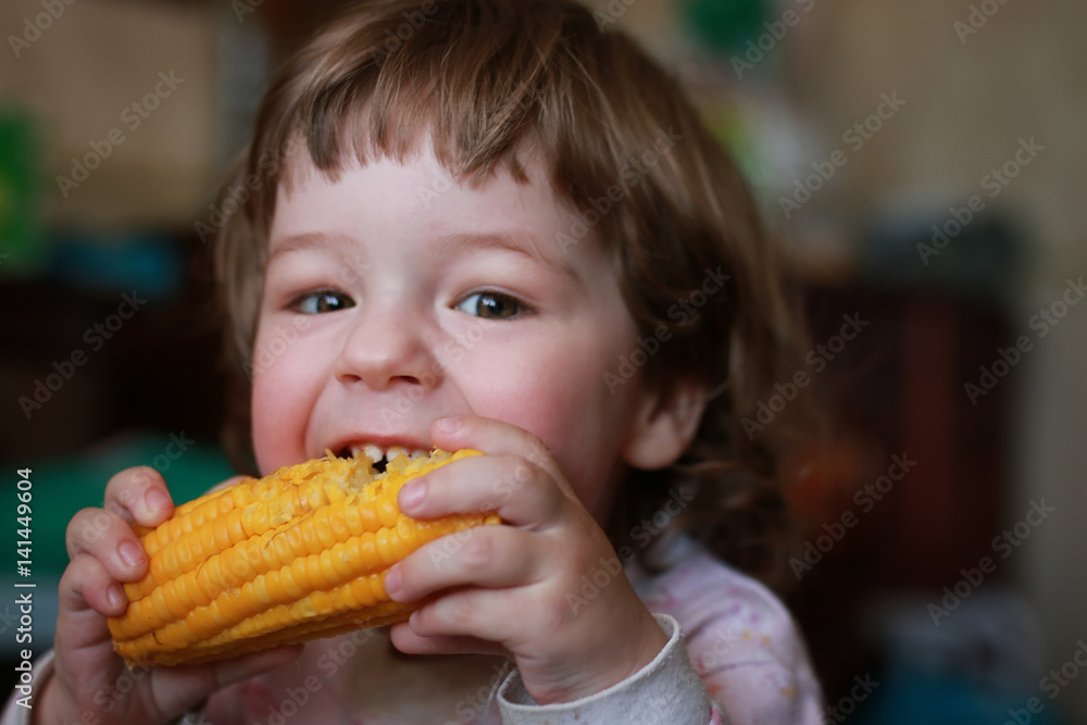 little boy eats greedily biting corn little boy eats greedily biting corn
