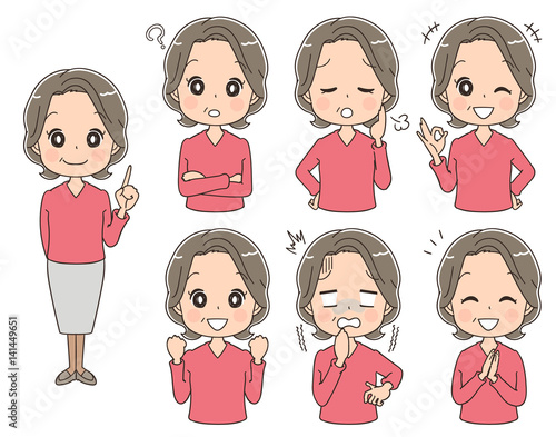 女性シニアのイラスト（セット 全身）