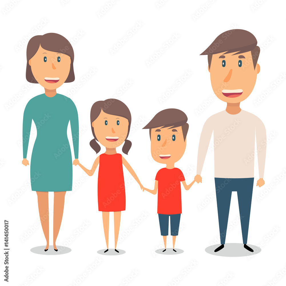Happy family on white background. Dad, mom, son and daughter are holding hands