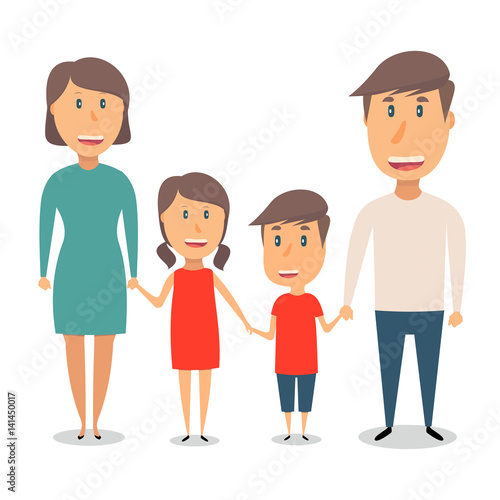 Happy family on white background. Dad, mom, son and daughter are holding hands
