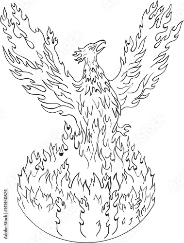 Phoenix Rising Fiery Flames Black and White Drawing