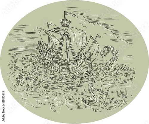 Tall Ship Turbulent Sea Serpents Oval Drawing