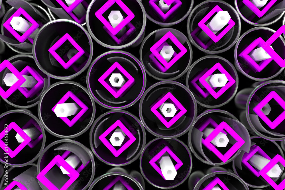 Pattern of metal tubes, hexagons, square elements and glass surfaces Pattern of metal tubes, hexagons, square elements and glass surfaces