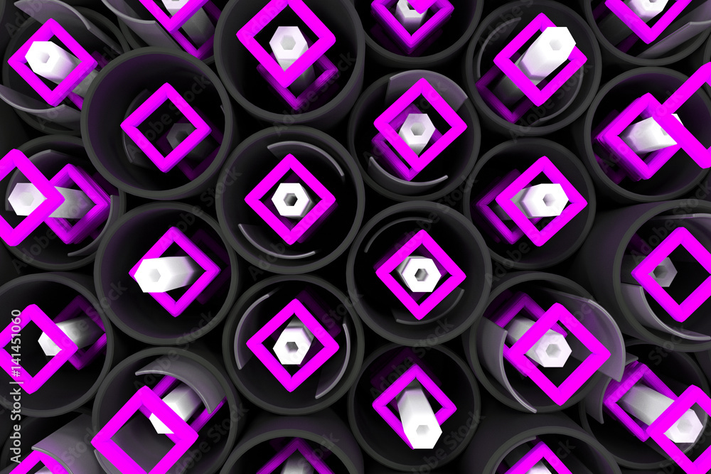Pattern of black tubes, hexagons, square elements and glass surfaces Pattern of black tubes, hexagons, square elements and glass surfaces