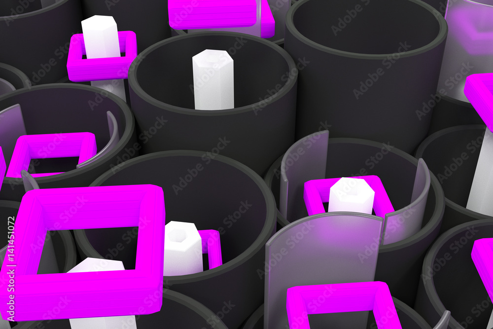 Obraz premium Pattern of black tubes, hexagons, square elements and glass surfaces