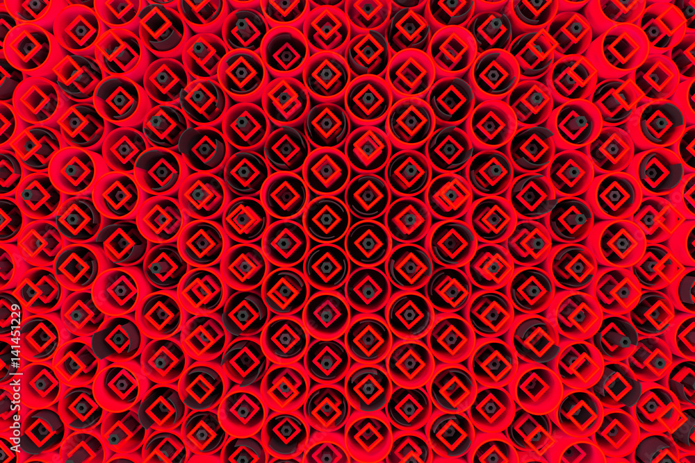 Pattern of colored tubes, repeated square elements, black hexagons and surfaces Pattern of colored tubes, repeated square elements, black hexagons and surfaces