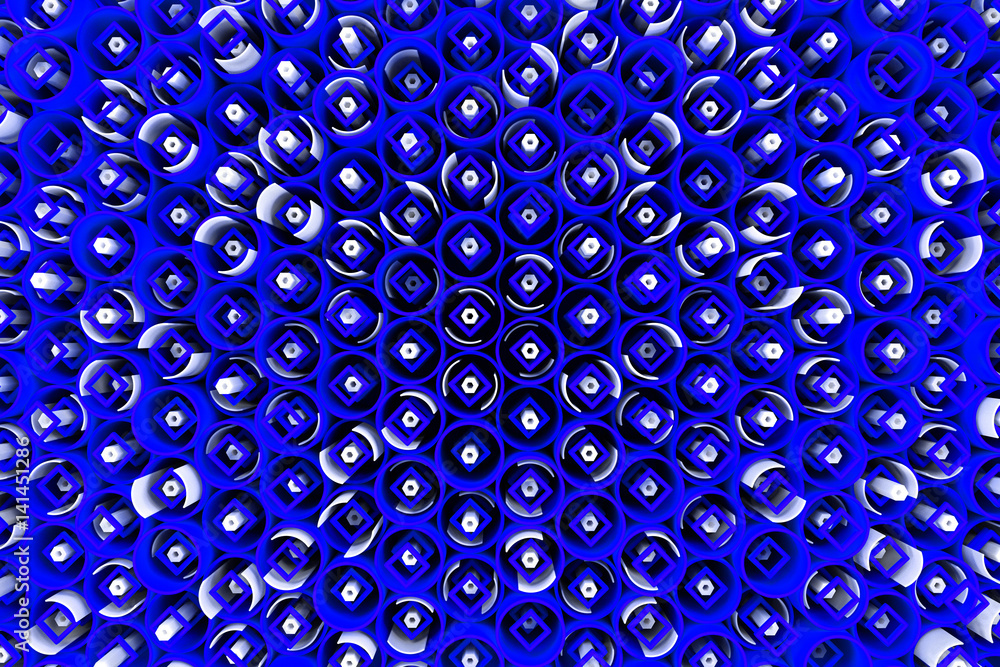 Pattern of colored tubes, repeated square elements, white hexagons and surfaces