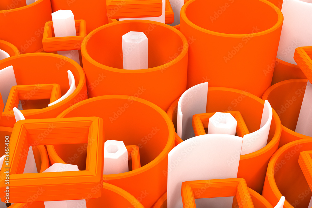 Fototapeta premium Pattern of colored tubes, repeated square elements, white hexagons and surfaces