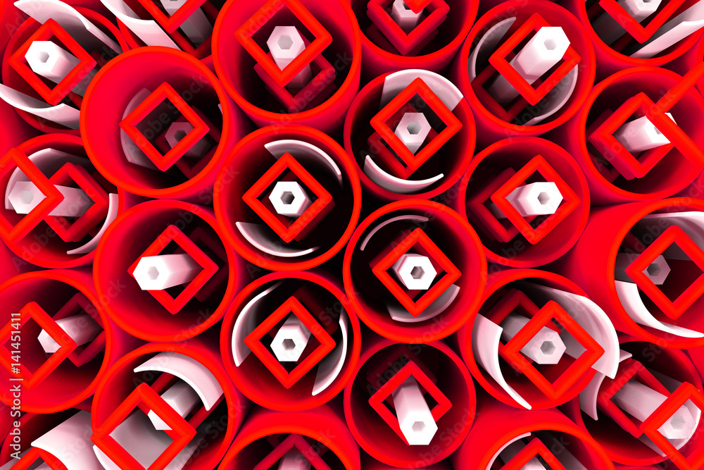 Pattern of colored tubes, repeated square elements, white hexagons and surfaces Pattern of colored tubes, repeated square elements, white hexagons and surfaces
