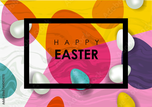 Easter festive vector illustration. Realistic festive eggs and marble texture.