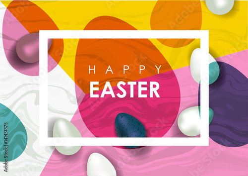 Easter festive vector illustration. Realistic festive eggs and marble texture.