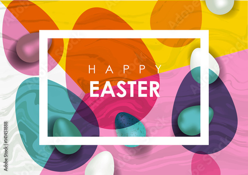 Easter festive vector illustration. Realistic festive eggs and marble texture.