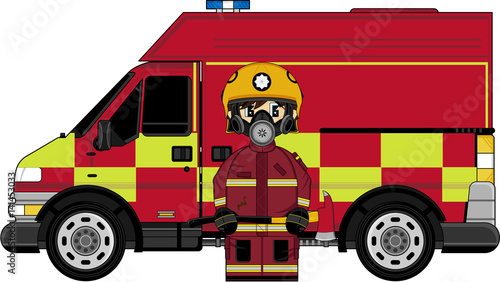 Cute Cartoon Fireman and Fire Truck
