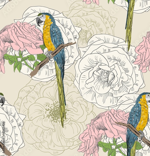 Vector sketch of a parrot with flowers. Hand drawn seamless pattern