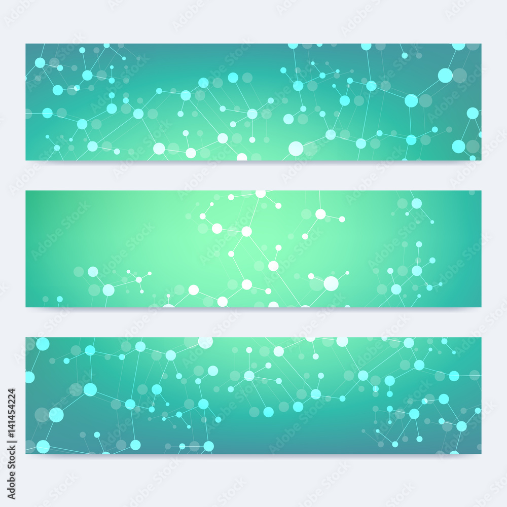 Scientific set of modern vector banners. DNA molecule structure with connected lines and dots. Science vector background. Medical, tecnology, chemistry design. Scientific set of modern vector banners. DNA molecule structure with connected lines and dots. Science vector background. Medical, tecnology, chemistry design.