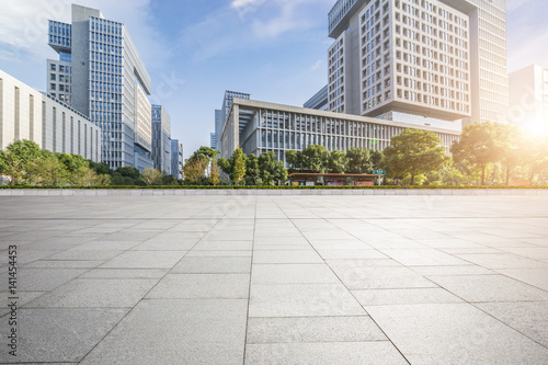 Empty floor with modern business office building