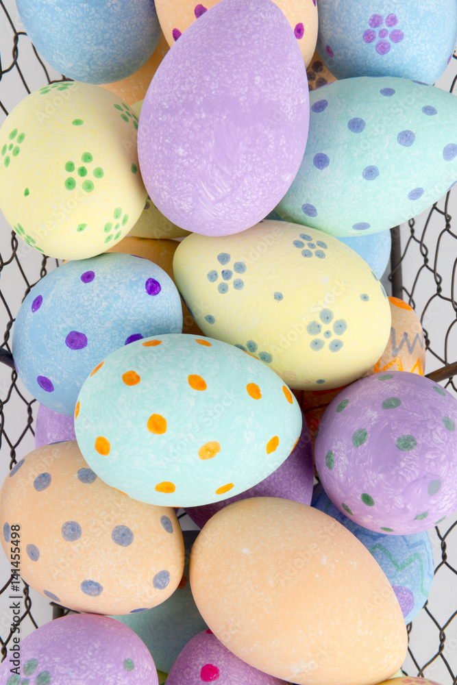 Close Up of Easter Eggs in Wire Tray for Backgrounds