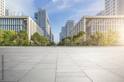 Empty floor with modern business office building