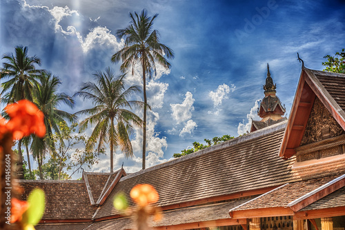 Buddhist Temple with Deep Sky and Palms background at Vientiane, Laos photo