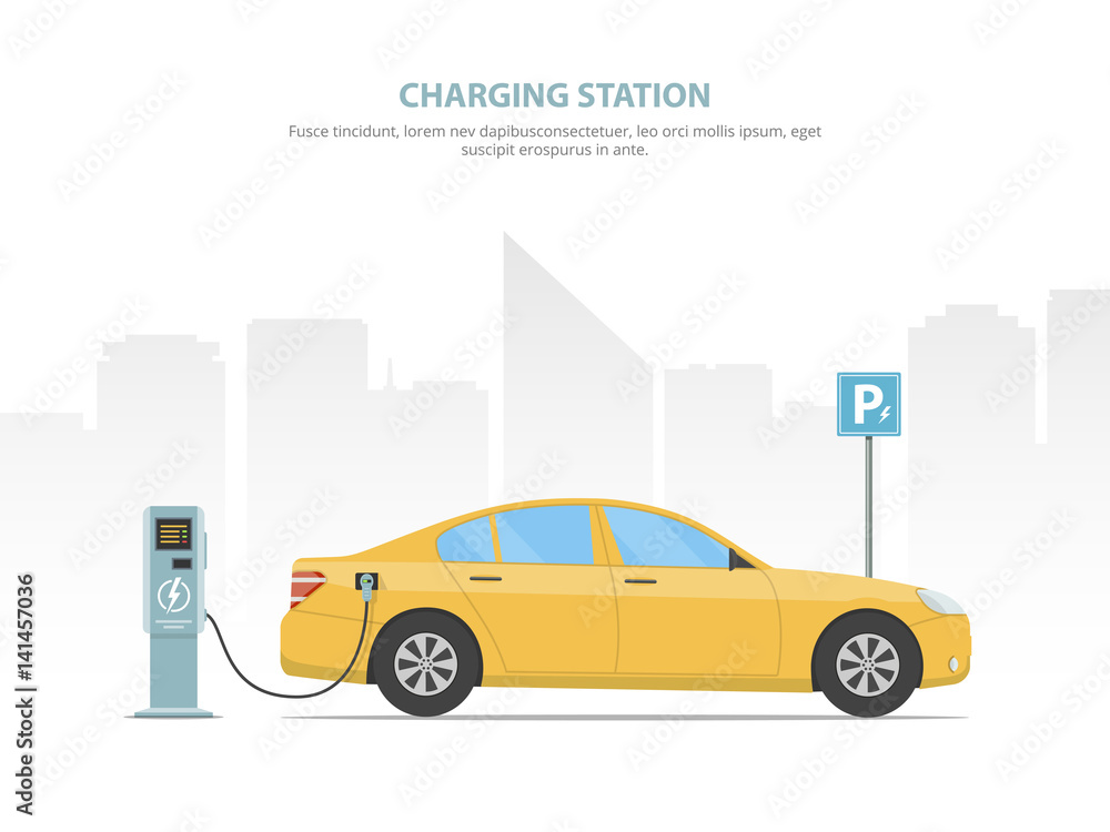The electric car is charging from the charging station in the parking lot. Vector illustration. The electric car is charging from the charging station in the parking lot. Vector illustration.