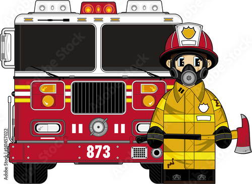 Cute Cartoon Fireman and Fire Engine