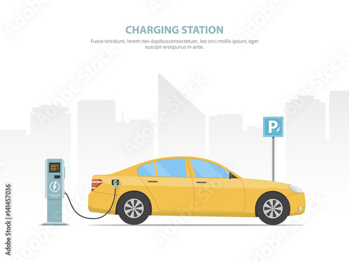 The electric car is charging from the charging station in the parking lot. Vector illustration.