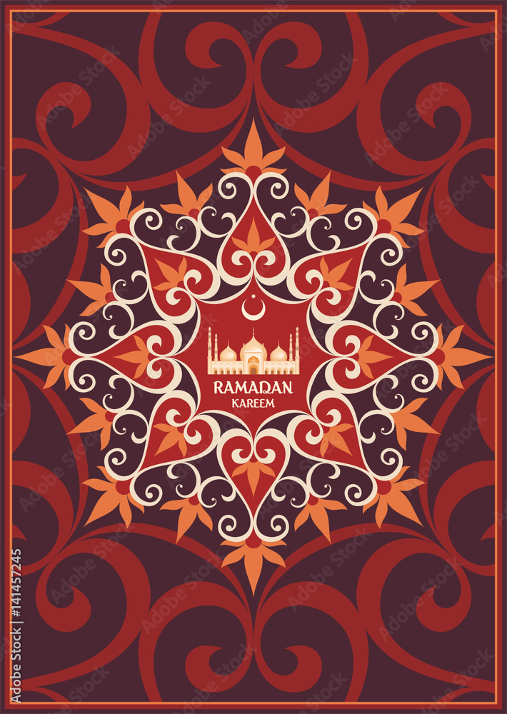 Ramadan greeting card with the image of the big beautiful mosque and east ornament in Moorish style. Vector template