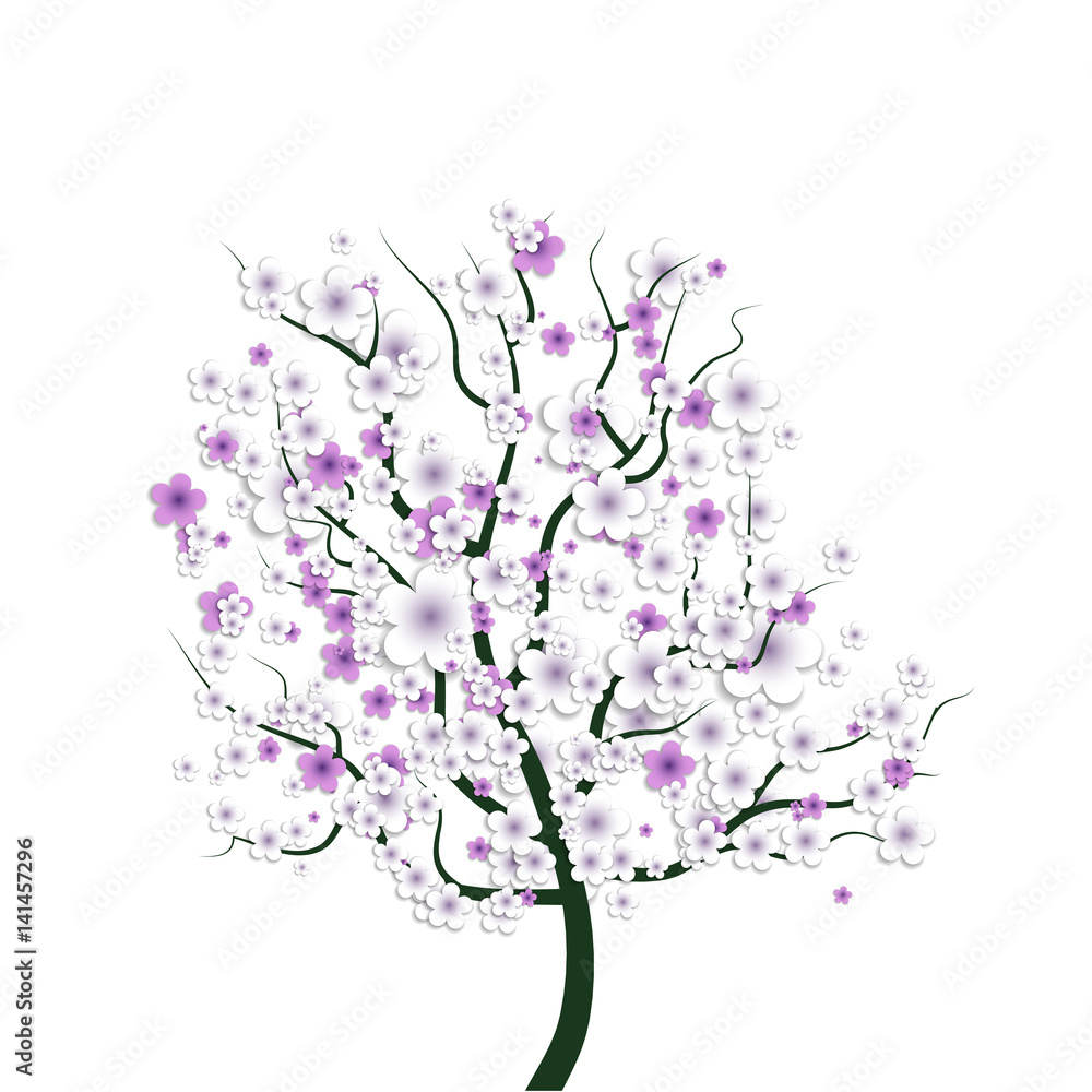 Fototapeta premium Spring Tree With Flowers and Butterflies