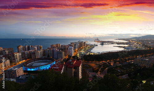 Seaside part of Malaga with Port from castle in  sunrise