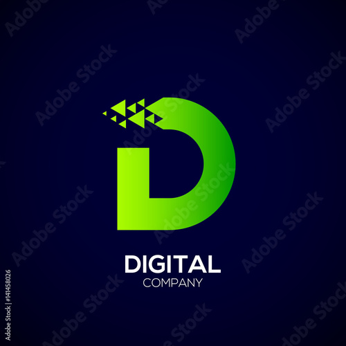 Letter D Pixel logo, Triangle, Arrow and forward logo, Green color,Technology and digital logotype