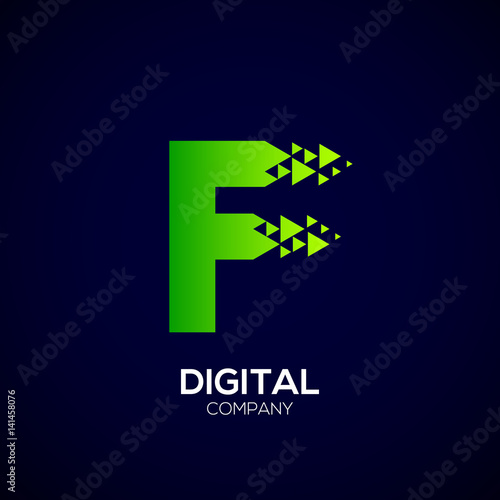 Letter F Pixel logo, Triangle, Arrow and forward logo, Green color,Technology and digital logotype