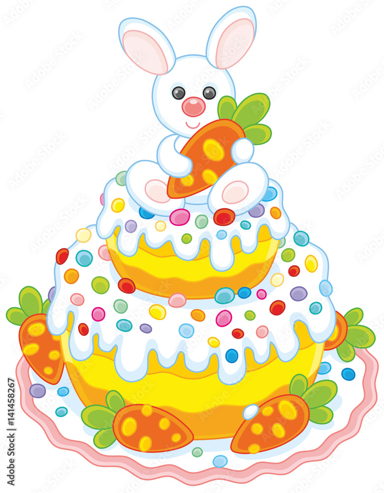 Festively decorated Easter cake with a small white bunny and carrots Festively decorated Easter cake with a small white bunny and carrots