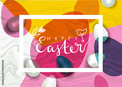 Easter vector illustration. Realistic festive eggs and sketch drawing spring twigs, flowers and birds. Hand written lettering.
