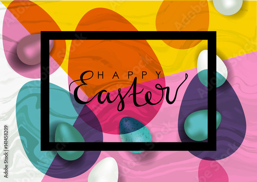 Easter vector illustration. Realistic festive eggs and sketch drawing spring twigs, flowers and birds. Hand written lettering.