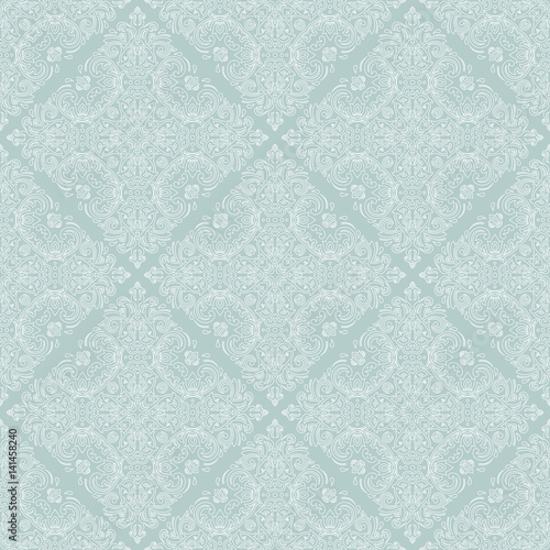 Damask vector classic pattern with white outlines. Seamless abstract background with repeating elements. Orient background