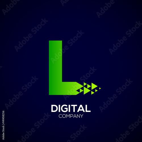 Letter L Pixel logo, Triangle, Arrow and forward logo, Green color,Technology and digital logotype