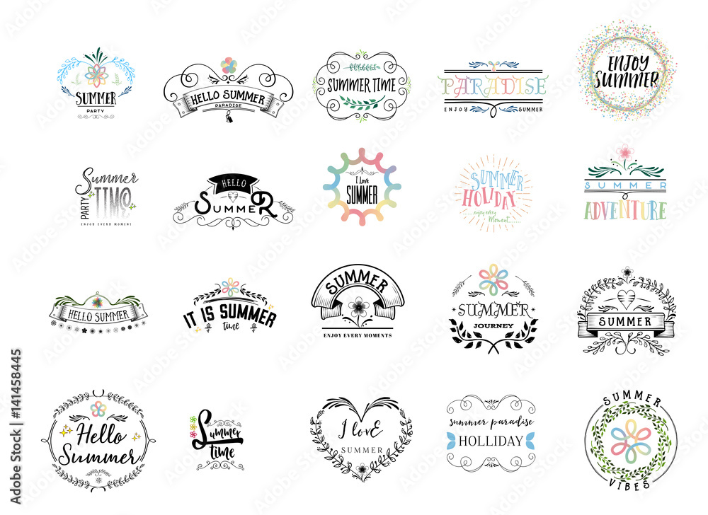 Badge as part of the design - Summer. Sticker, stamp, logo - hands made. With the use of floral elements, calligraphy and lettering
