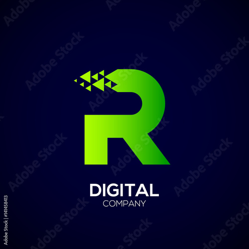 Letter R Pixel logo, Triangle, Arrow and forward logo, Green color,Technology and digital logotype