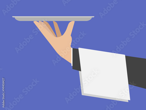 Waiter hand holding silver tray, service, delivery plate