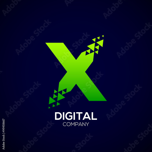 Letter X Pixel logo, Triangle, Arrow and forward logo, Green color,Technology and digital logotype