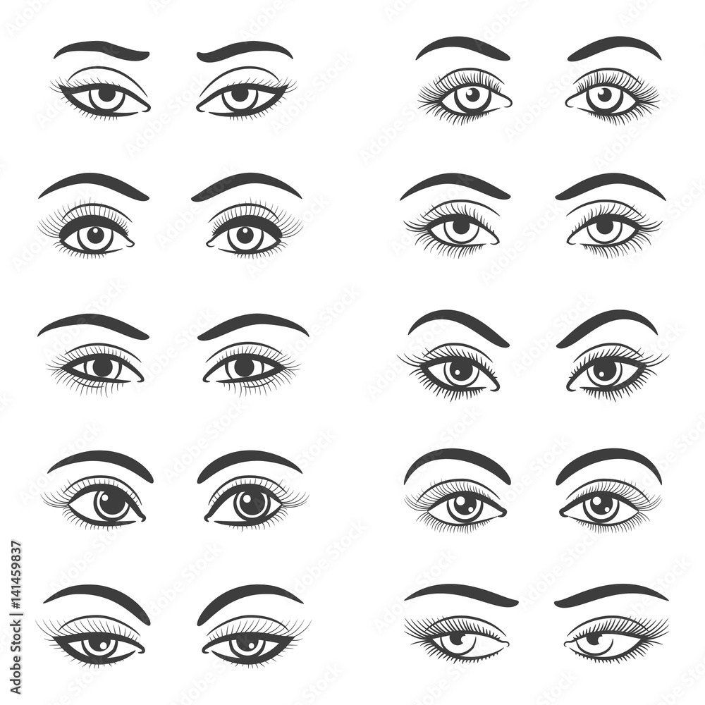 Beautiful female eye set isolated on white background. Hand drawn woman eyes vector illustration for girl portrait Beautiful female eye set isolated on white background. Hand drawn woman eyes vector illustration for girl portrait