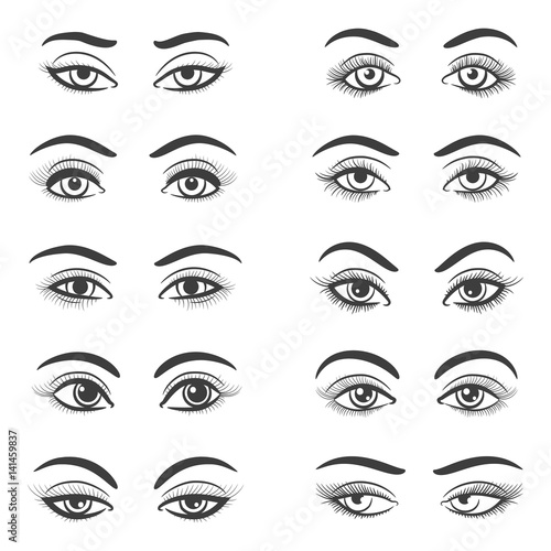 Beautiful female eye set isolated on white background. Hand drawn woman eyes vector illustration for girl portrait