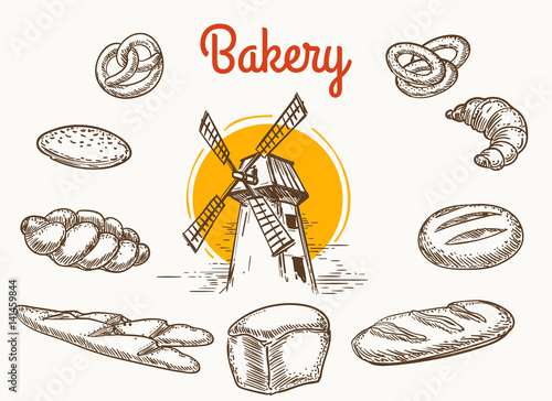 Vintage traditional bakery products vector sketch. Wheat and rye bread and grain mill hand drawn illustration isolated on white background