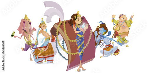 Set of isolated Indian Gods meditation in yoga poses lotus and Goddess hinduism religion, traditional asian culture spiritual mythology, deity worship festival vector illustrations, T-shirt concepts