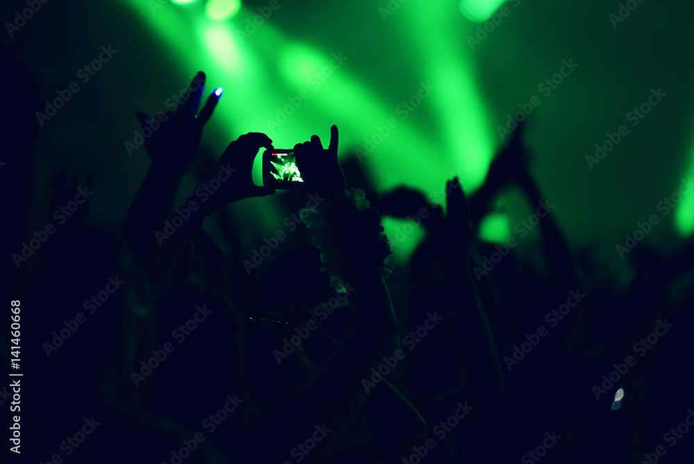 Crowd rocking during a concert with raised arms.